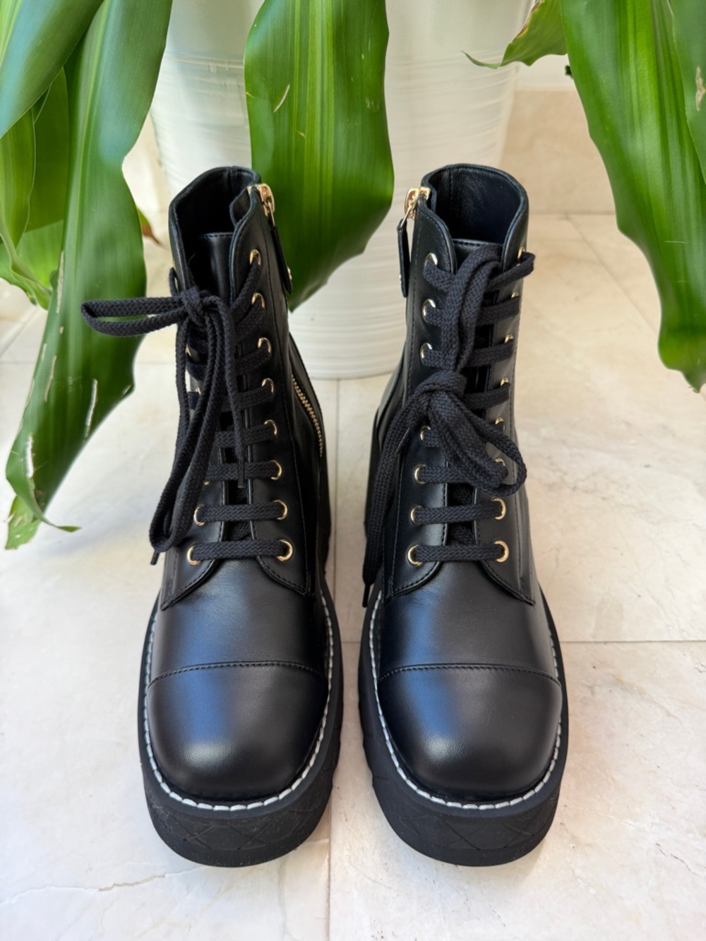 Chanel 2024 Interlocking CC Logo Combat Wedge Lambskin Lace Up Ankle Boots 36.5 - Picture 12 of 16